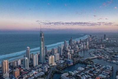 High angle view of city at waterfront