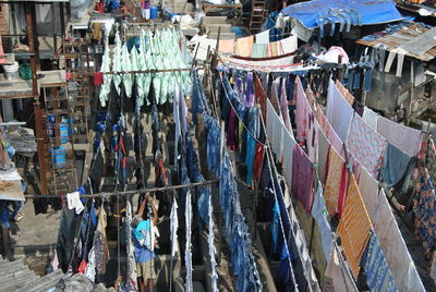 High angle view of man working at dhobi ghat