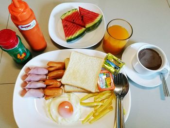 High angle view of breakfast on table
