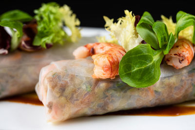 Closeup of delicious duck cannelloni garnished with shrimps and greenery and served on plate in asian restaurant