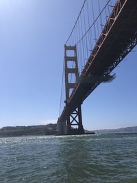 Low angle view of suspension bridge against sky