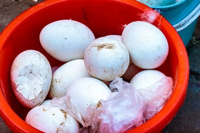 High angle view of eggs in bowl