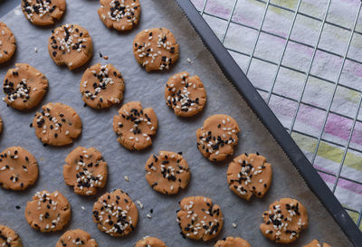 High angle view of cookies on table