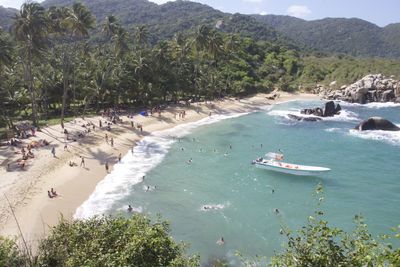 High angle view of boats in sea