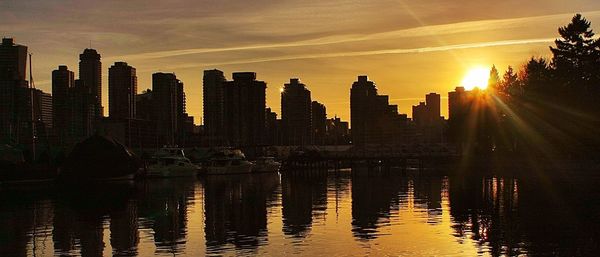 Reflection of buildings in water at sunset