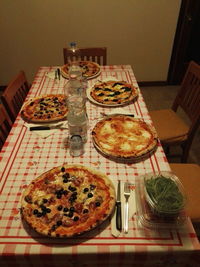 High angle view of pizza on table at home