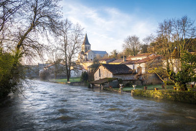 Charente river in flood in verteuil-sur-charente village, france