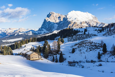 Scenic view of snow covered mountains against sky