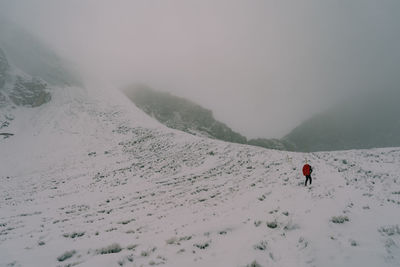 Rear view of man skiing on snowcapped mountain