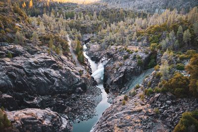 High angle view of waterfall in forest