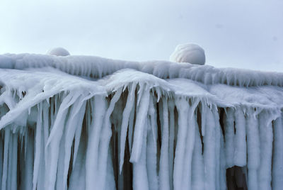 Close-up of icicles against sky