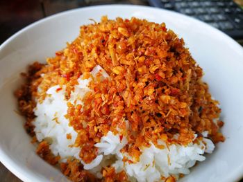 High angle view of food in plate on table