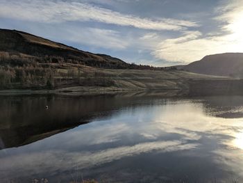 Scenic view of lake and mountains against sky