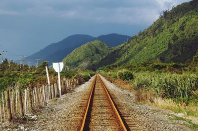 Railroad track amidst trees against sky