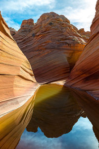 Scenic view of rock formations against cloudy sky
