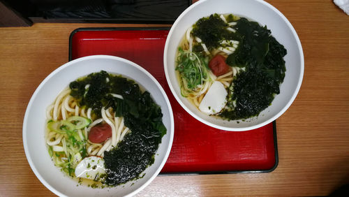 High angle view of meal served on table