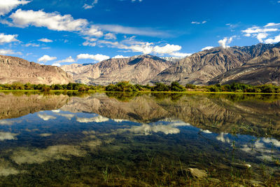 Scenic view of lake and mountains against sky