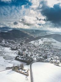 High angle view of cityscape during winter