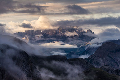 Scenic view of mountains against cloudy sky