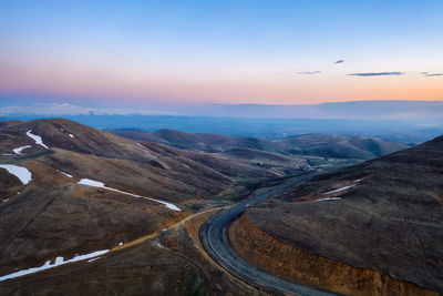 High angle view of landscape against sky during sunset