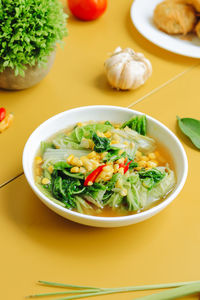 High angle view of food in plate on table