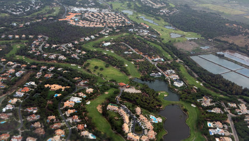 High angle view of buildings in city