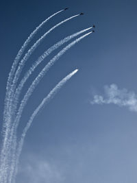 Mono propeller aircraft squadron flying in formation against blue sky