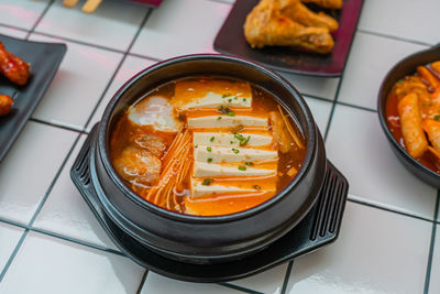 High angle view of food in bowl on table