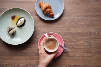 High angle view of breakfast on table