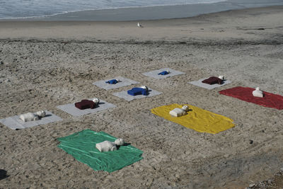 High angle view of toy on beach