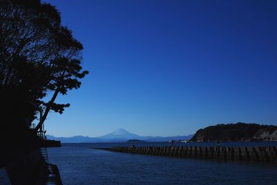 Scenic view of sea against clear blue sky