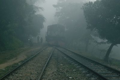 Railroad tracks amidst trees against sky during rainy season