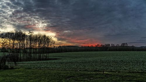 Scenic view of field against cloudy sky