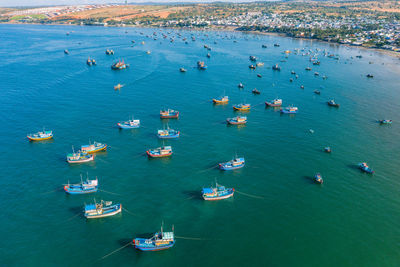 High angle view of boats in sea