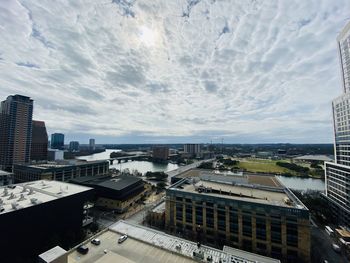 High angle view of buildings against sky