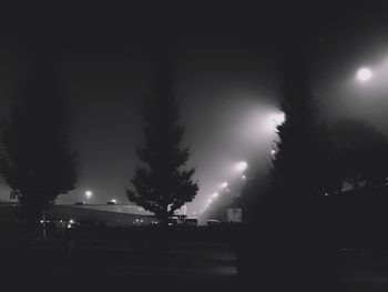 Silhouette trees by illuminated street against sky at night