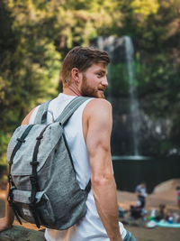 Rear view of man looking