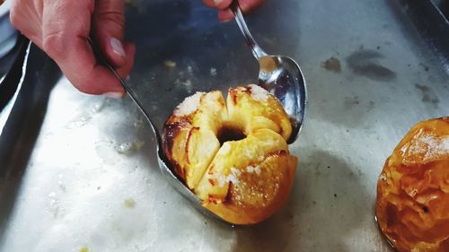 High angle view of person preparing food