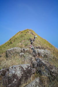 Scenic view of rocks against clear blue sky