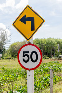 Close-up of road sign against sky