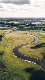 High angle view of land against sky