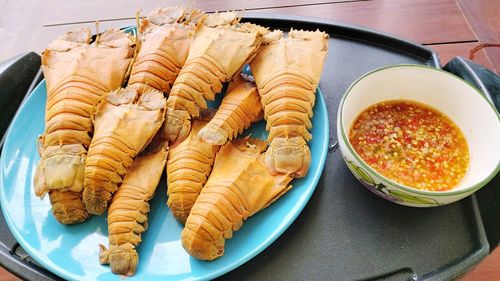 High angle view of breakfast served on table