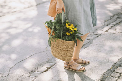 Woman standing on road holding bag with vegetables and flower