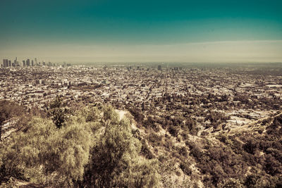 High angle view of cityscape against clear sky