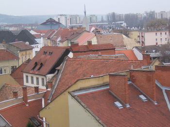 High angle view of residential buildings in city