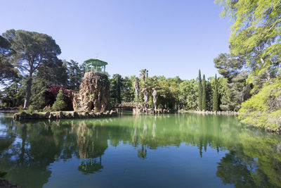 Reflection of trees in lake against clear blue sky