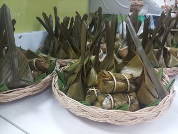 High angle view of vegetables in basket on table