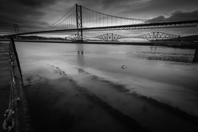 Forth road bridge over river at dusk