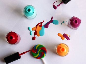 High angle view of multi colored pencils on table