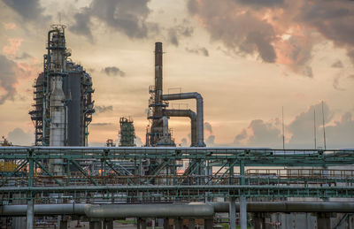 Refinery tower at a petrochemical plant with cloudy sky. after sunset.